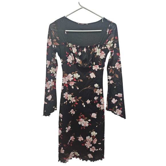 Black Floral Sheer Babydoll Whimsygoth Y2K Mini Dress S Fairy Goth Asian Romance - Picture 1 of 5